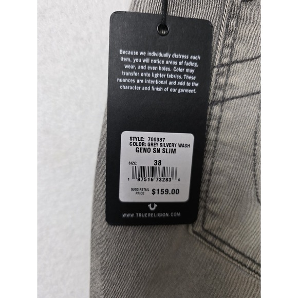 True Religion Geno Sn Slim Style 700387 Gray Silvery Wash Size W38x32L - Picture 9 of 10